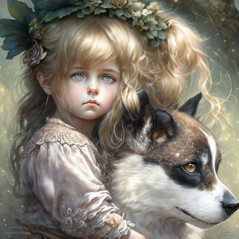 Young girl with blonde hair embraces large dog with stardust-freckled fur