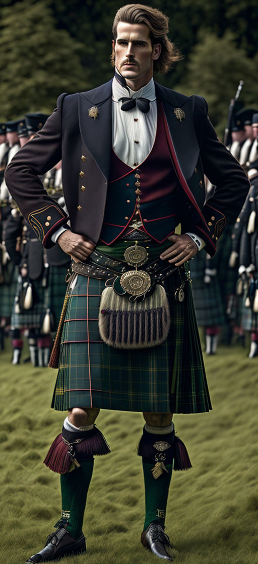 Traditional Scottish Highland Dress with Tartan Kilt and Formal Jacket