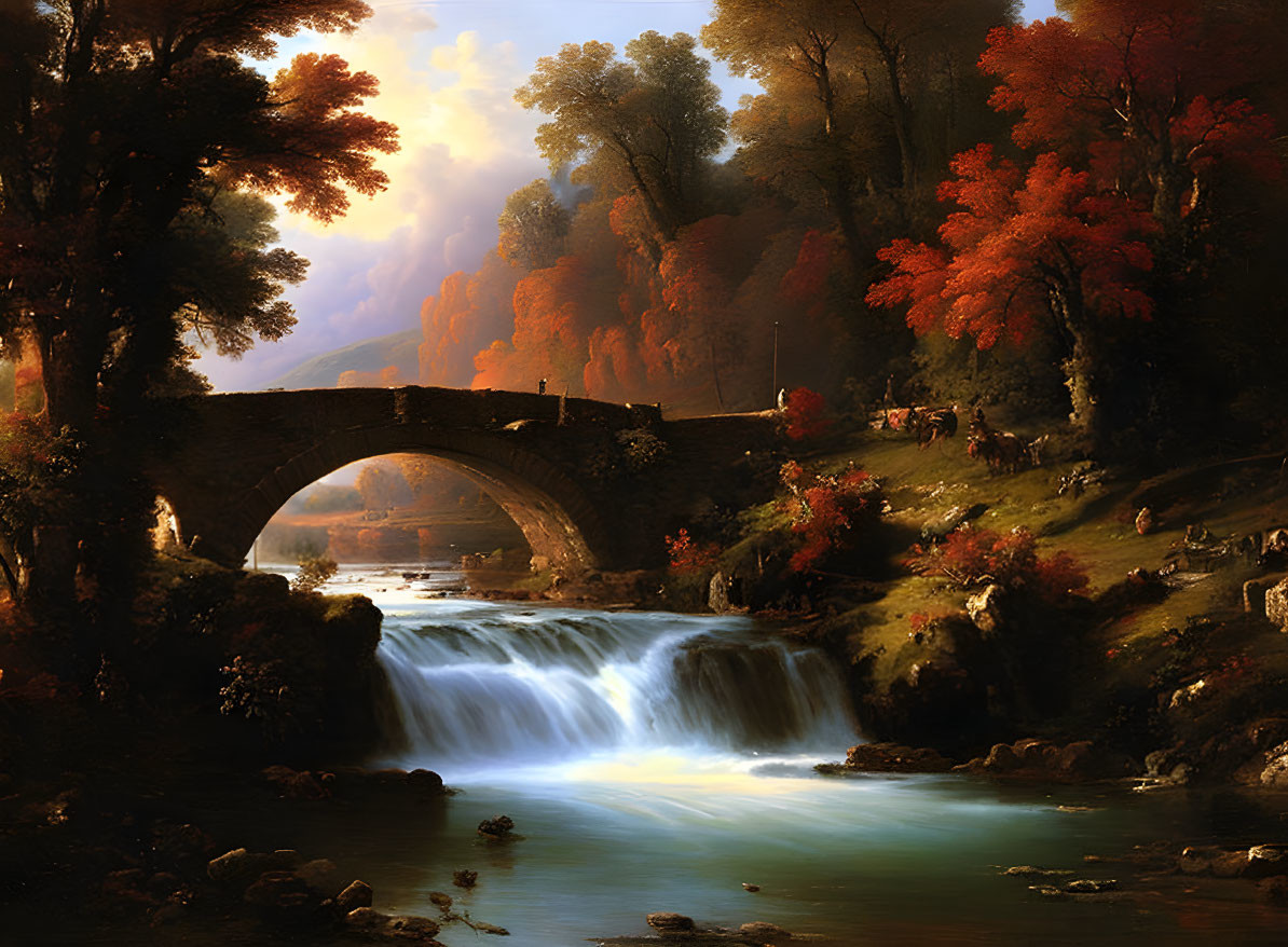 Stone bridge over autumn waterfall in serene forest setting