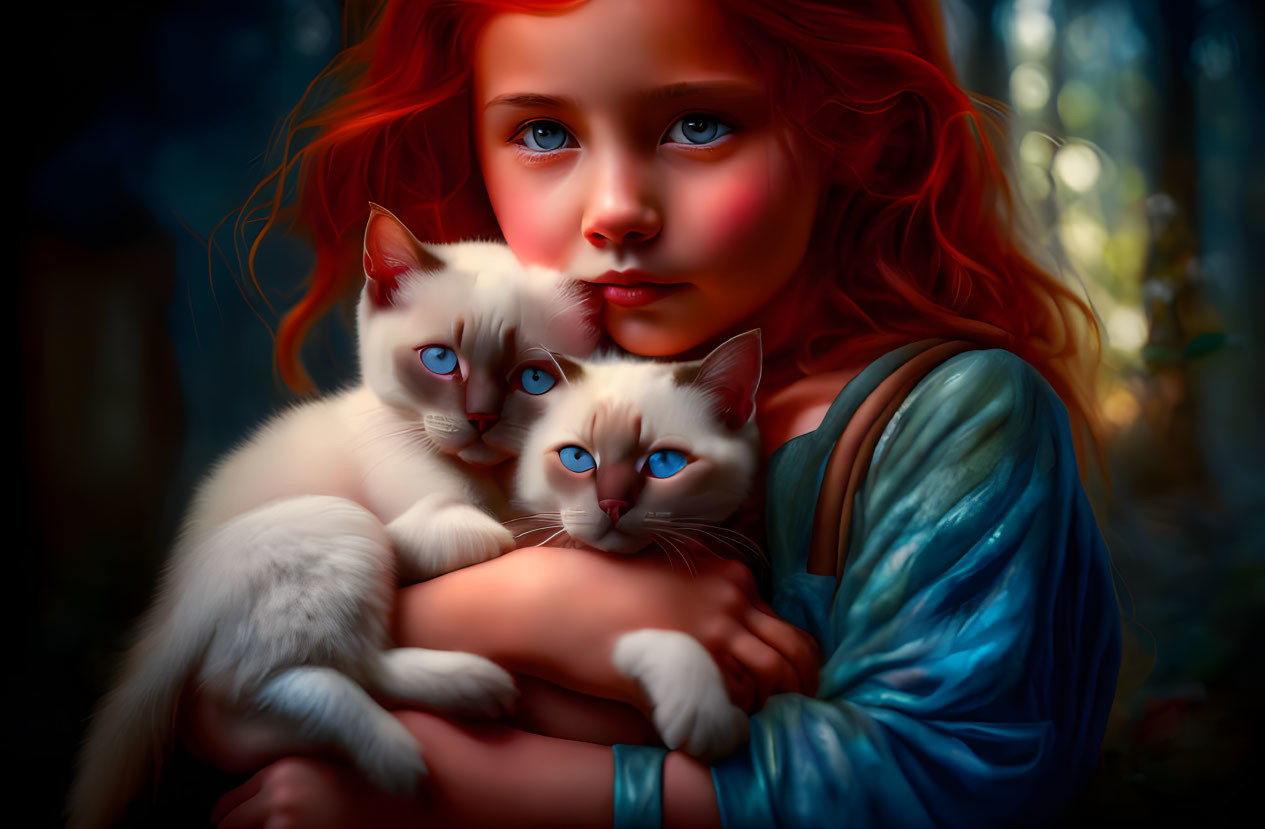 Red-haired girl with blue-eyed kittens in dark forest portrait