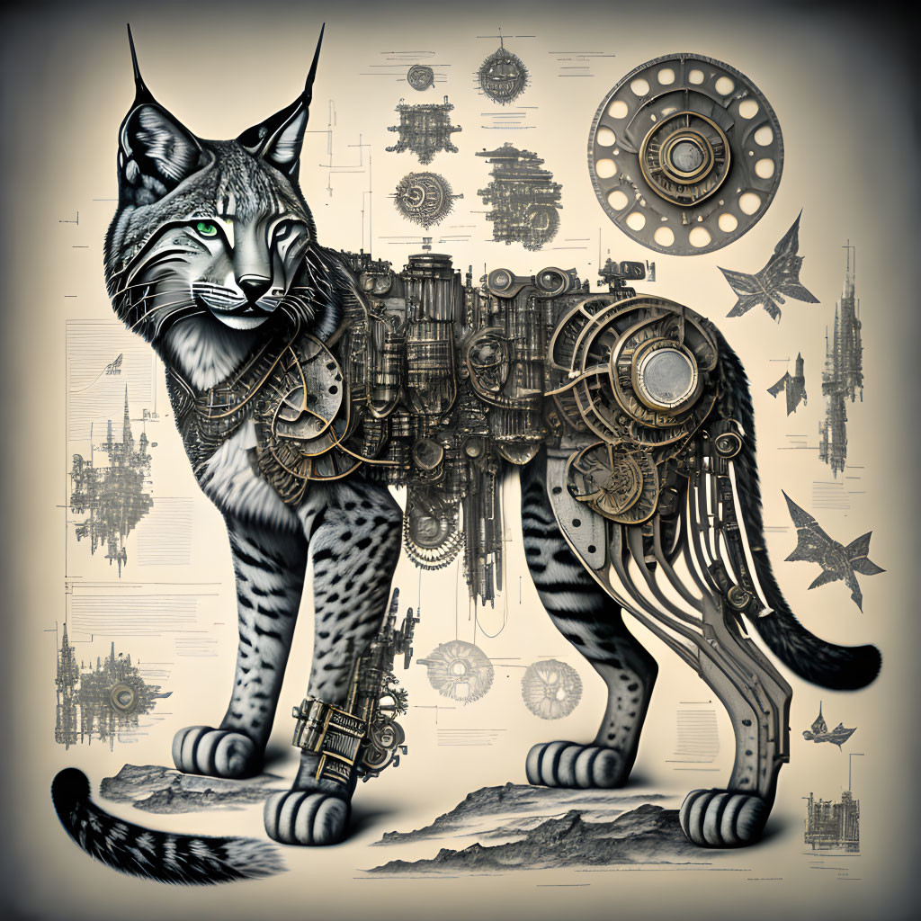 Steampunk mechanical cat with gears and schematic backdrop.