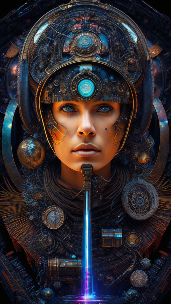 Futuristic female face with blue eyes and intricate mechanical elements