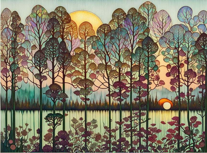 Colorful forest illustration with stylized trees, rich foliage, serene lake, and sun setting/rising