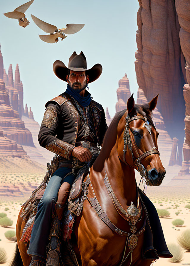 Cowboy on chestnut horse in desert with soaring eagles