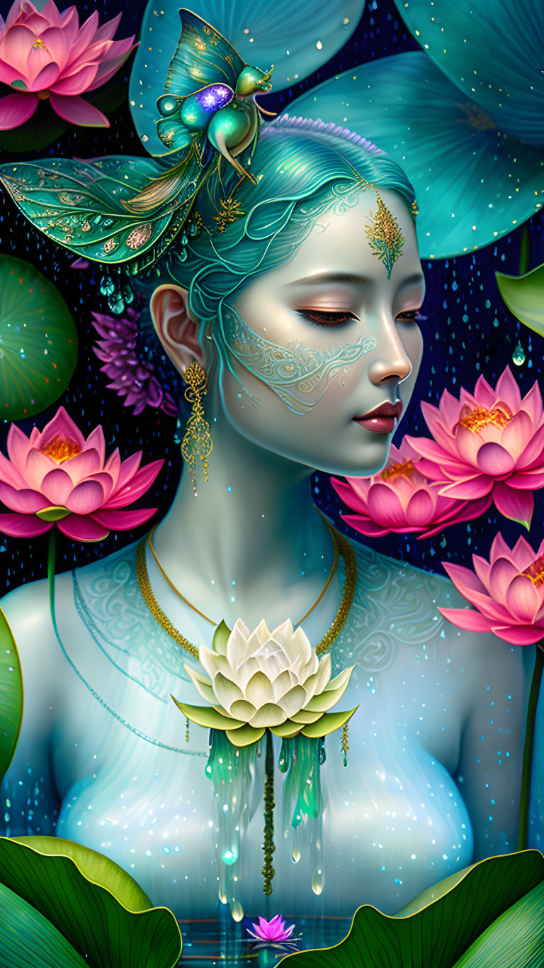 Vibrant digital artwork: Woman with lotus flowers and jewelry