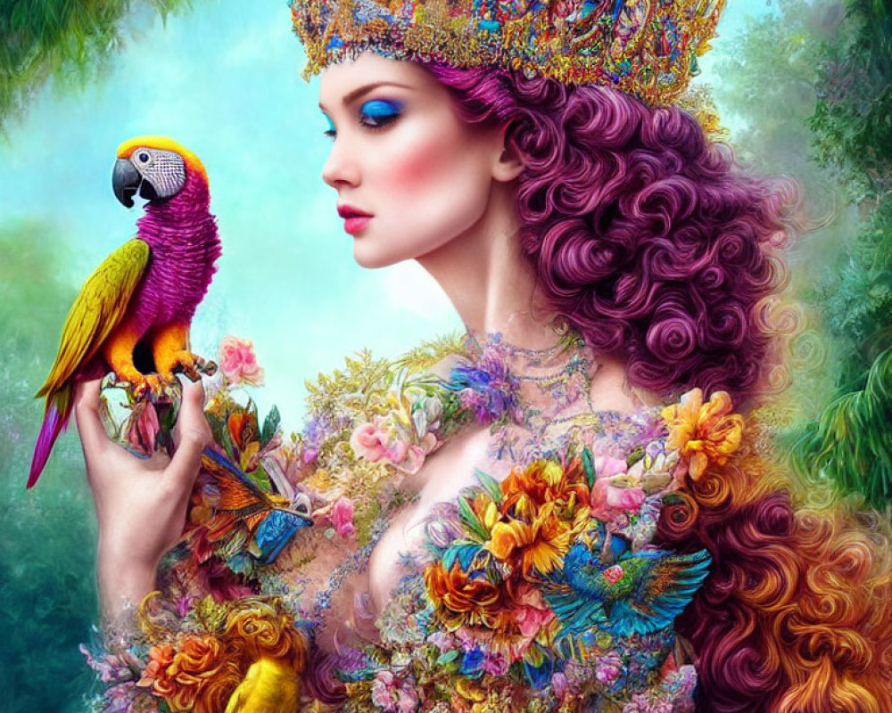 Vibrant purple hair woman with crown holding colorful parrot in lush floral setting