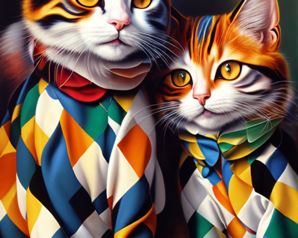 Vibrant Multicolored Cats in Harlequin Costumes on Abstract Background