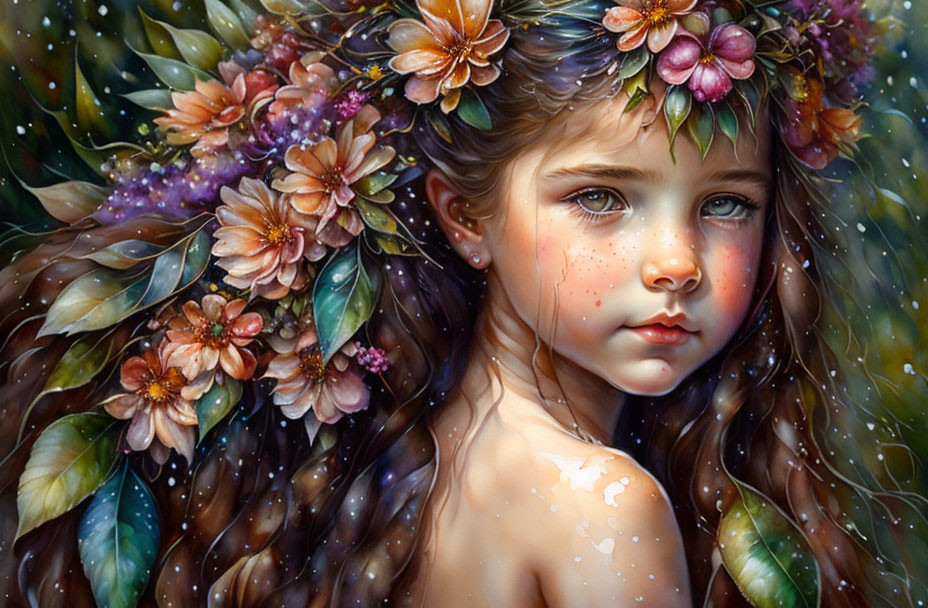 Young girl with floral wreath in wavy hair, dewdrops, dreamy gaze, mystical floral