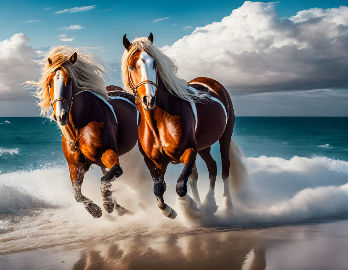 Majestic chestnut horses gallop by the sea under a dramatic sky