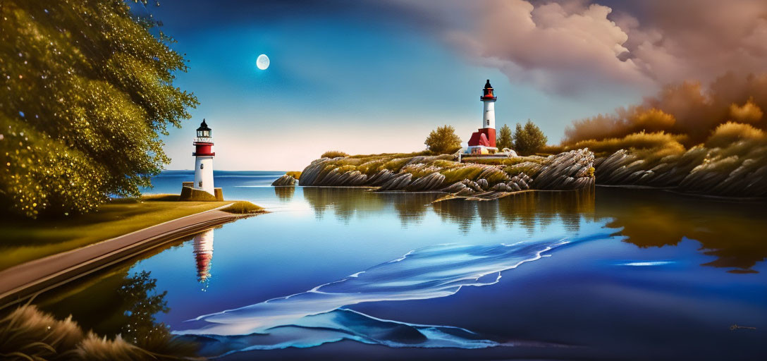 Lighthouse on rocky outcrop under moonlit sky