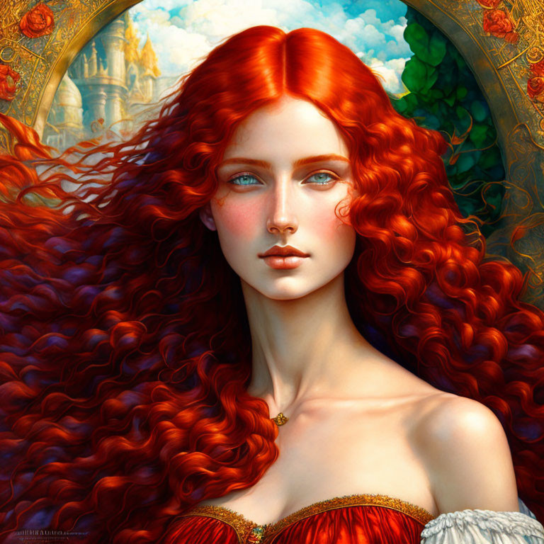 Portrait of a Woman with Red Hair and Castle Background