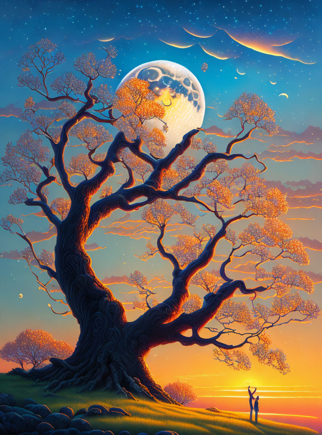 Surreal landscape with large tree, full moon, vibrant colors, and two people gazing upwards