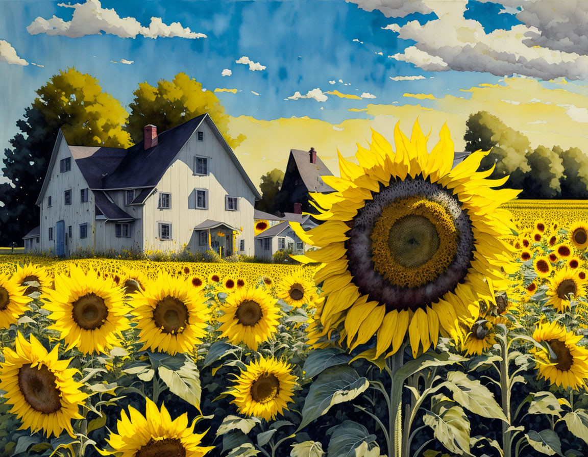 Vibrant farmhouse painting with sunflowers in field under blue sky