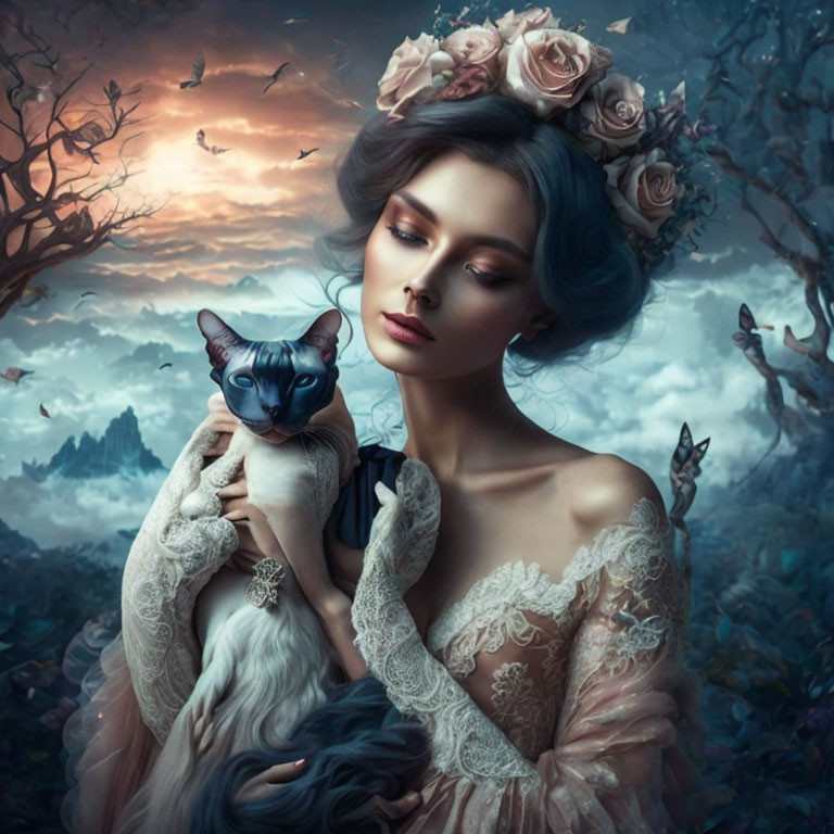 Woman in vintage dress with floral adornments holding Siamese cat in mystical forest at dusk