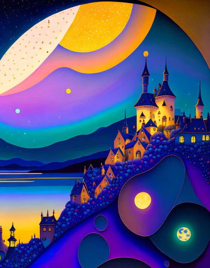 Colorful castle hill landscape with moon and stars