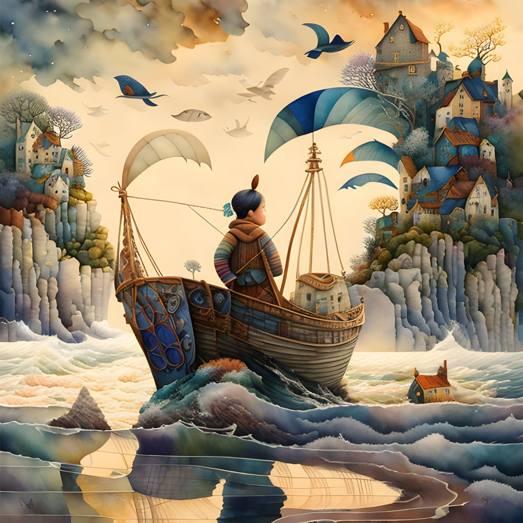 Fantasy ship navigating surreal landscape with floating landmasses