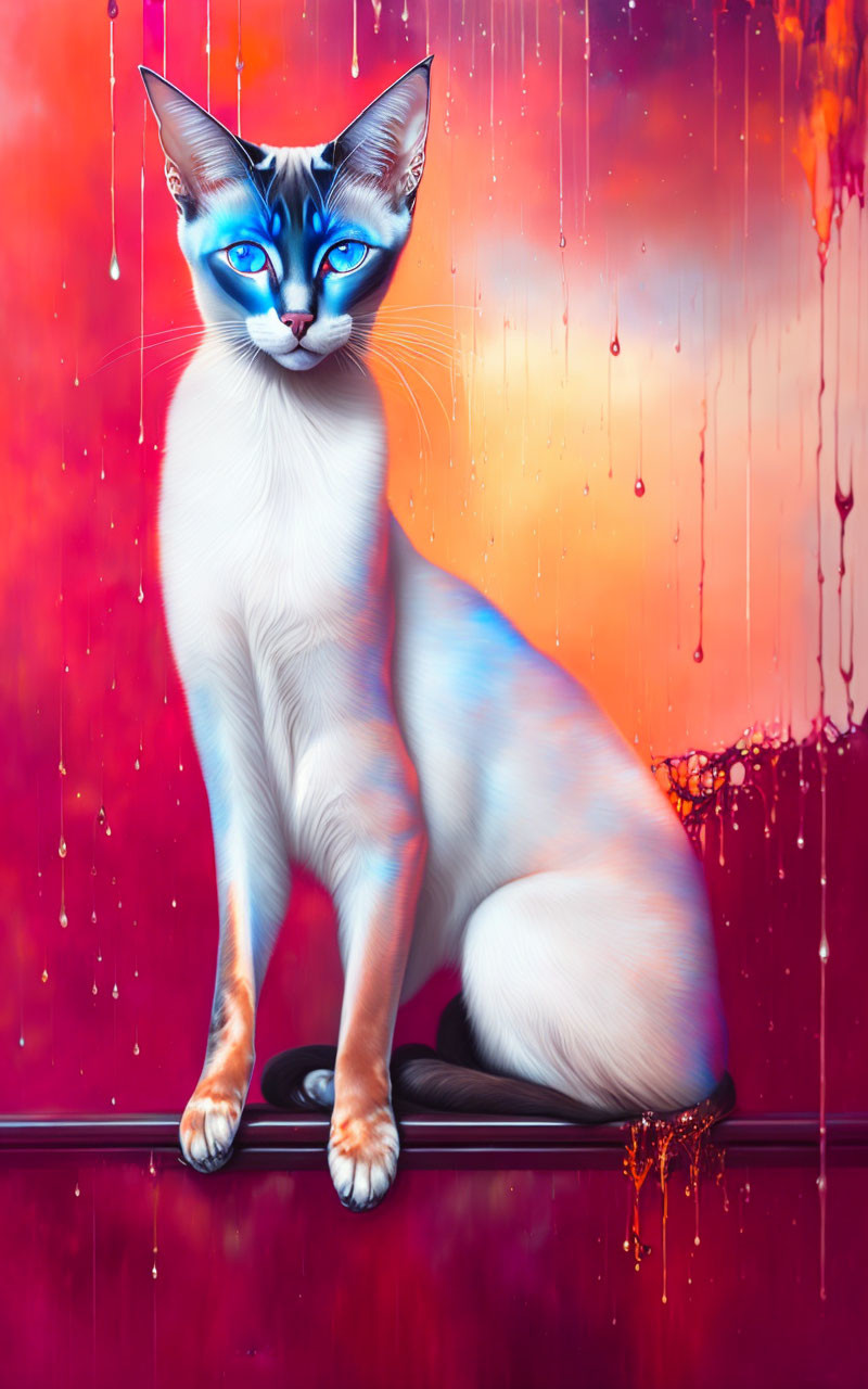 Colorful cat painting with human-like face on vibrant backdrop