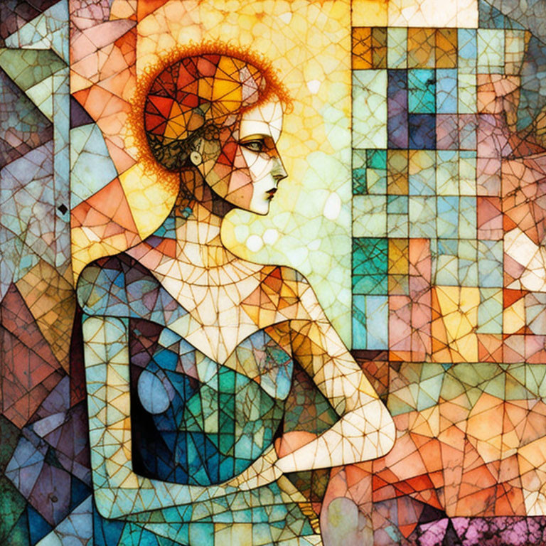 Geometric Cubist Artwork of Woman in Warm Tones