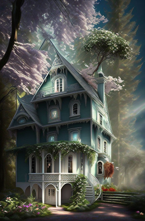 Turquoise Victorian house in enchanted forest with ivy and trees.