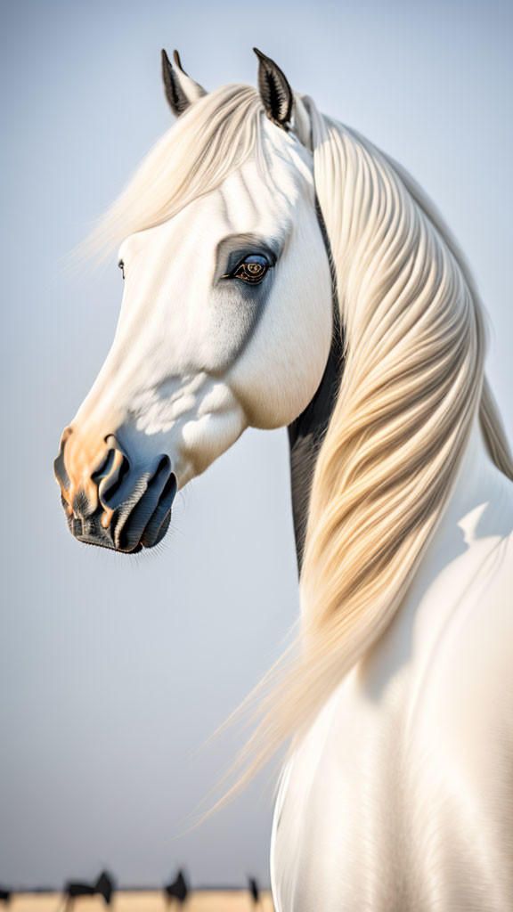 White Horse with Blonde Mane and Dark Eyes on Soft Background