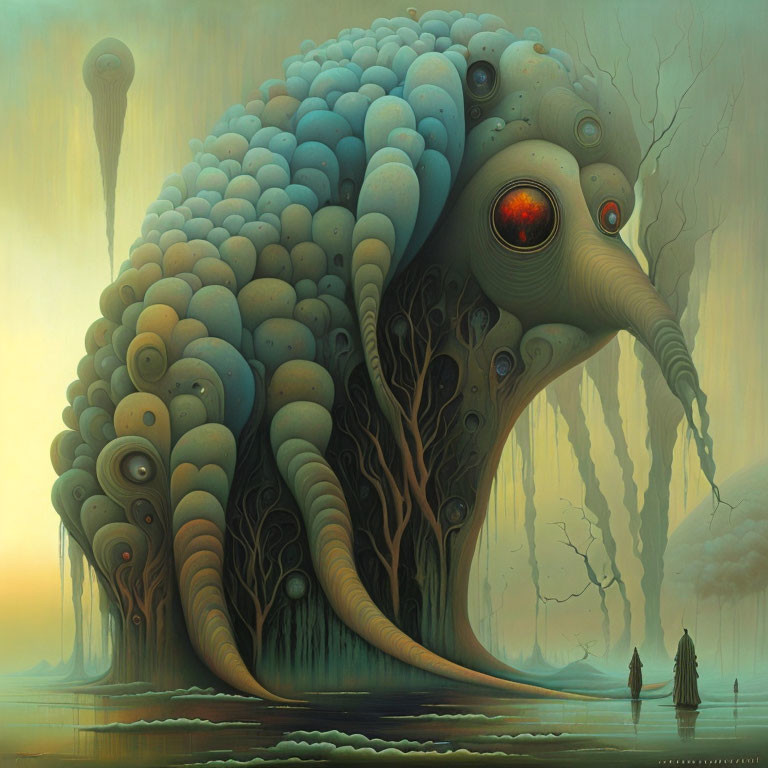 Surreal painting: Massive creature, tendrils, eye, mystical forest, humanoid figures