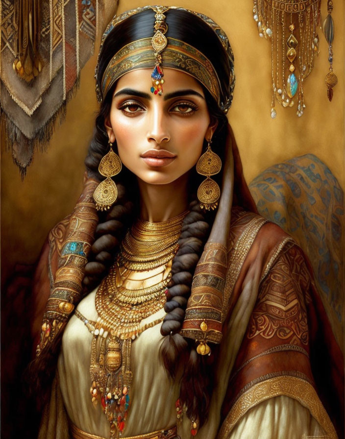 Woman adorned with intricate gold jewelry against textured golden backdrop