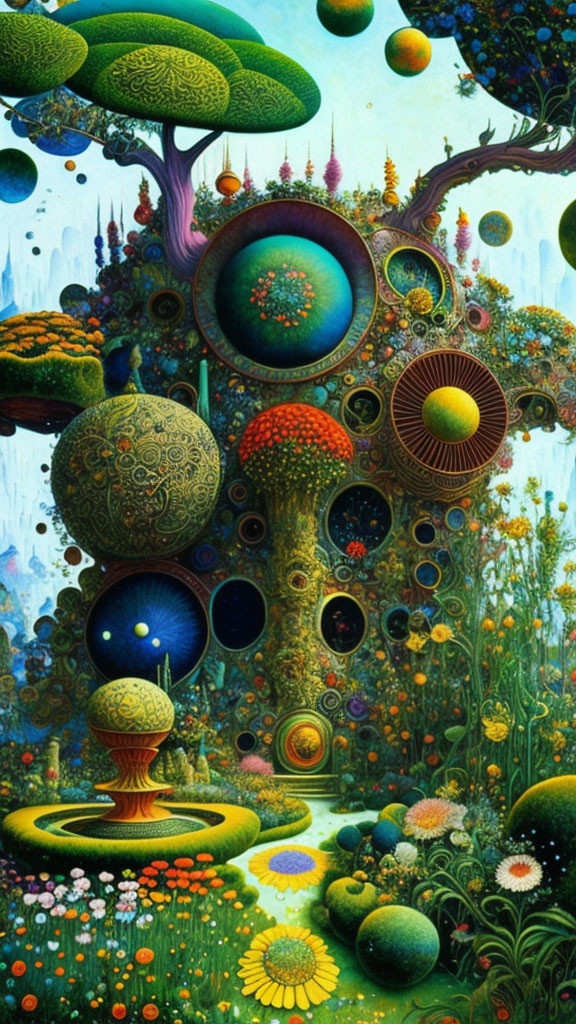 Fantastical landscape with whimsical trees, orbs, peacock, and vibrant colors