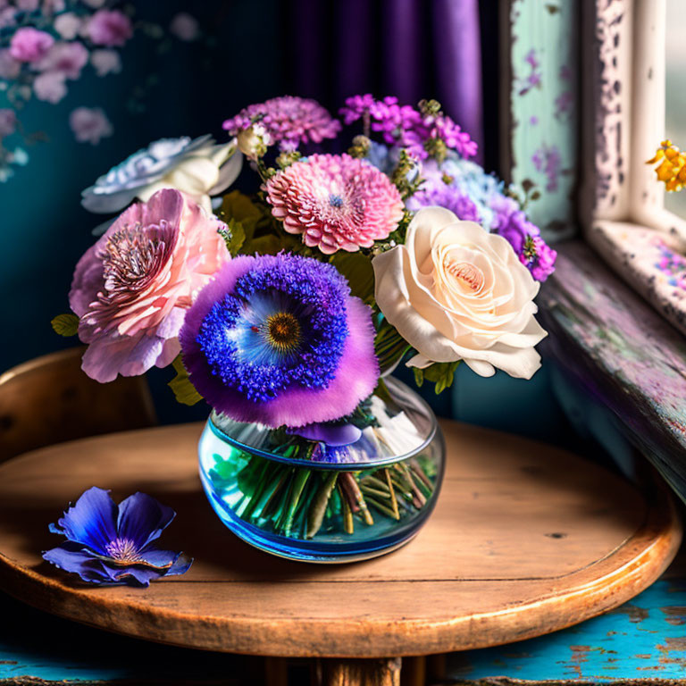 Colorful Flower Bouquet with Pink Roses and Purple Bloom in Glass Vase on Wooden Tray, Tur