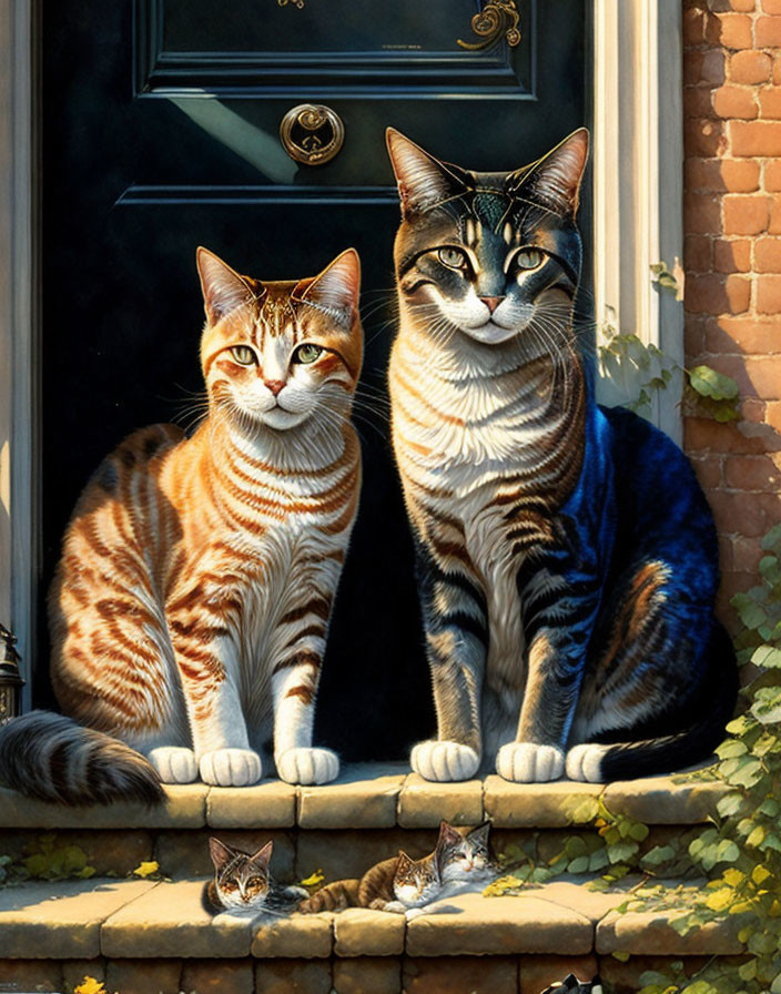 Regal tabby cats on doorstep with reflected images.