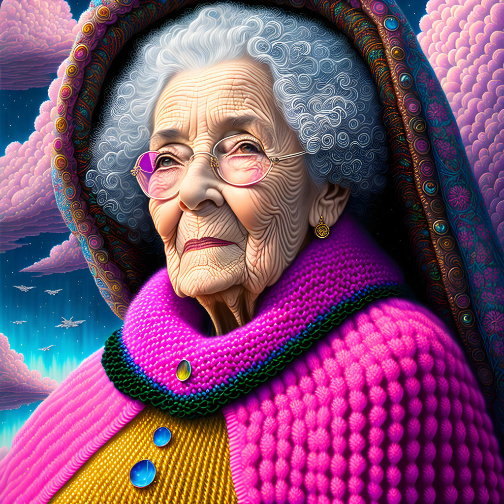 Elderly Lady in Colorful Knitwear with Cosmic Background