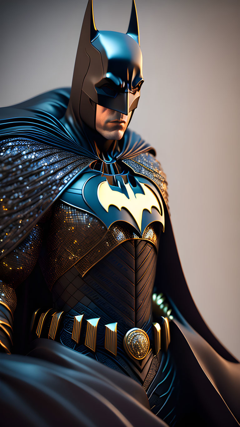 Detailed Batman illustration: iconic suit, glimmering cape, sharp cowl ears, bat emblem.