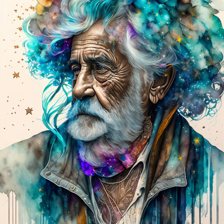 Elderly man with white beard and cosmic mane in starry galaxy.