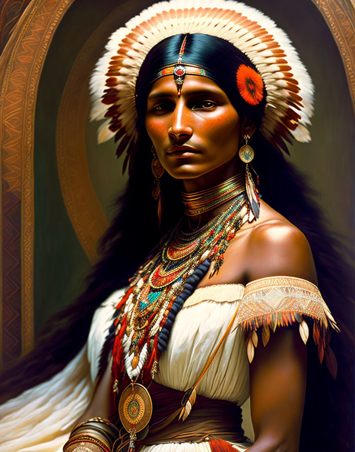 Native American woman in traditional attire with headdress and jewelry against ornate backdrop