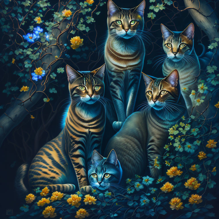 Stylized cats with piercing eyes in lush foliage and vibrant flowers at night