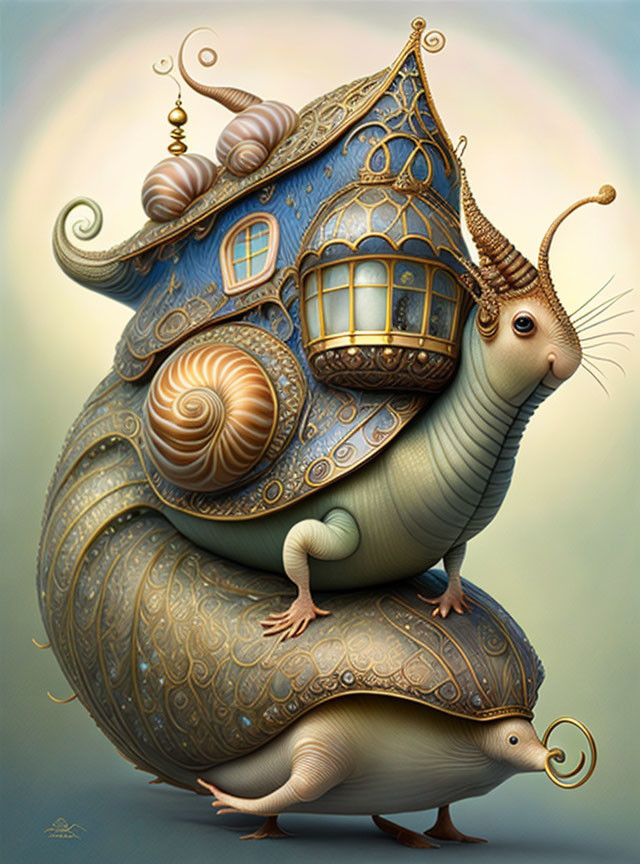 Whimsical snail illustration with ornate shell and pastel colors