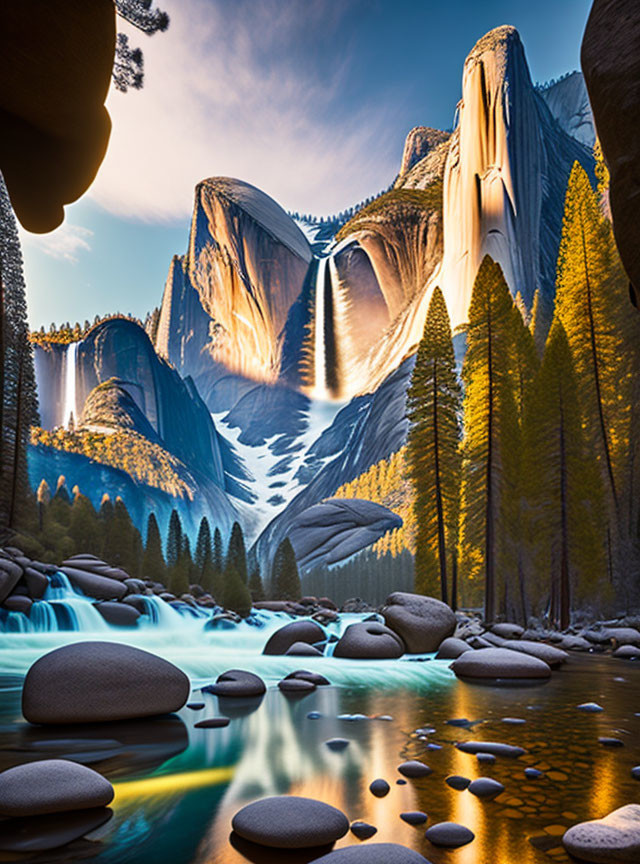 Serene river in forested valley with waterfall cliff