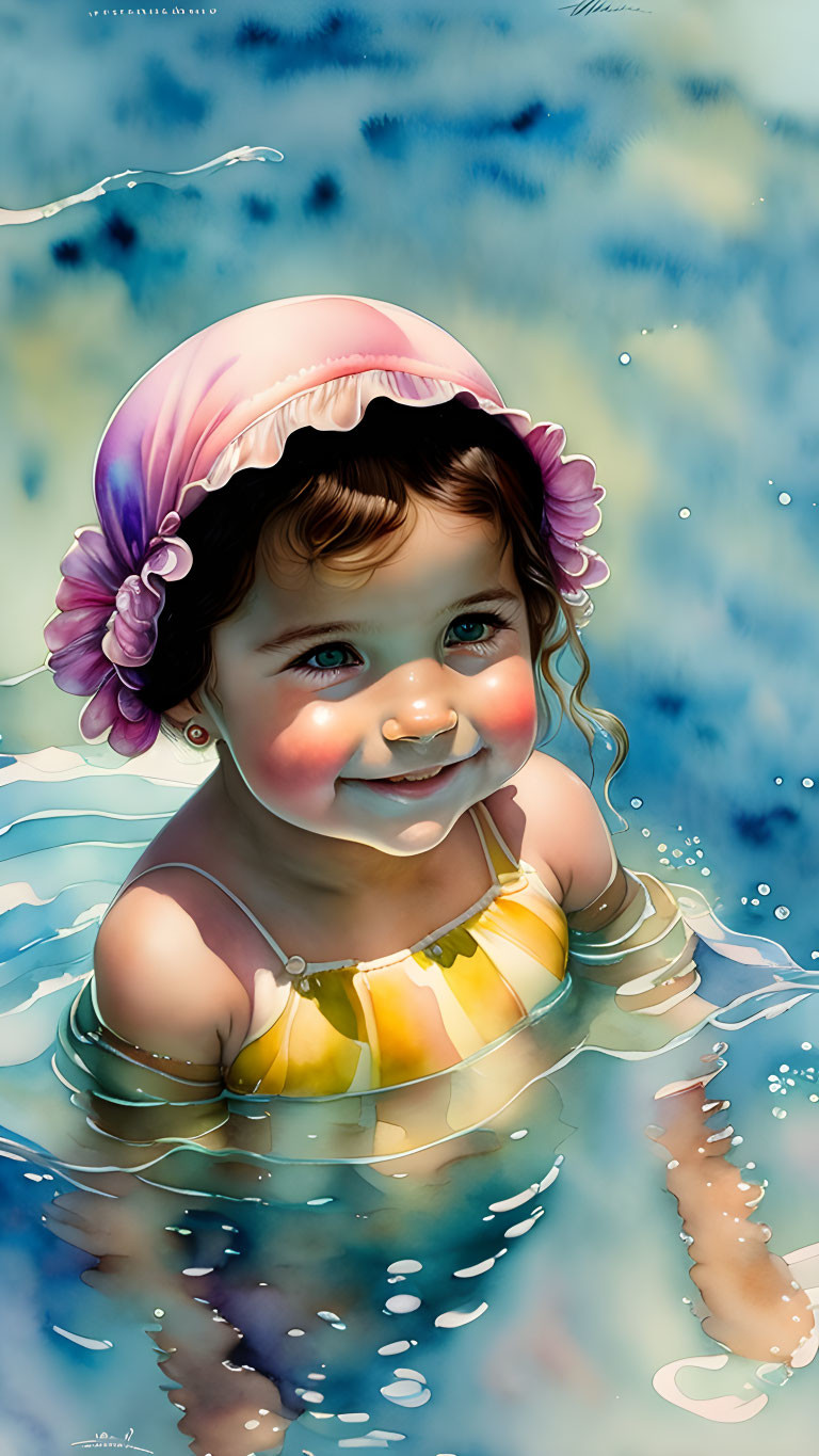 Smiling toddler in pink swim cap and yellow-striped outfit in clear water