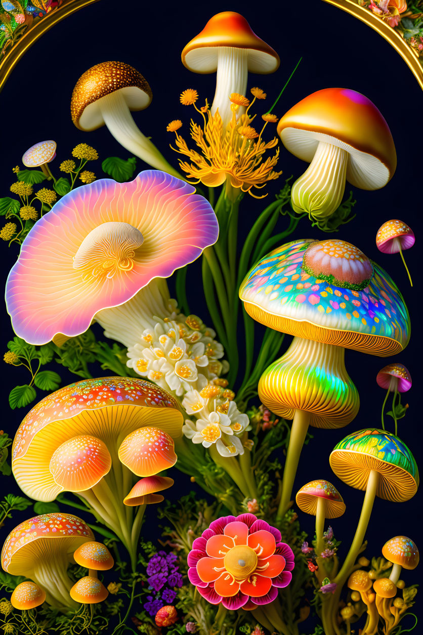 Colorful Mushrooms and Flowers in Digital Art