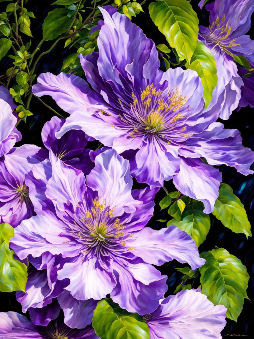 Bright Purple Clematis Flowers with Yellow Stamens on Dark Background