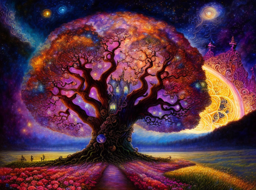 Vivid fantasy landscape with giant tree, red flowers, starry sky