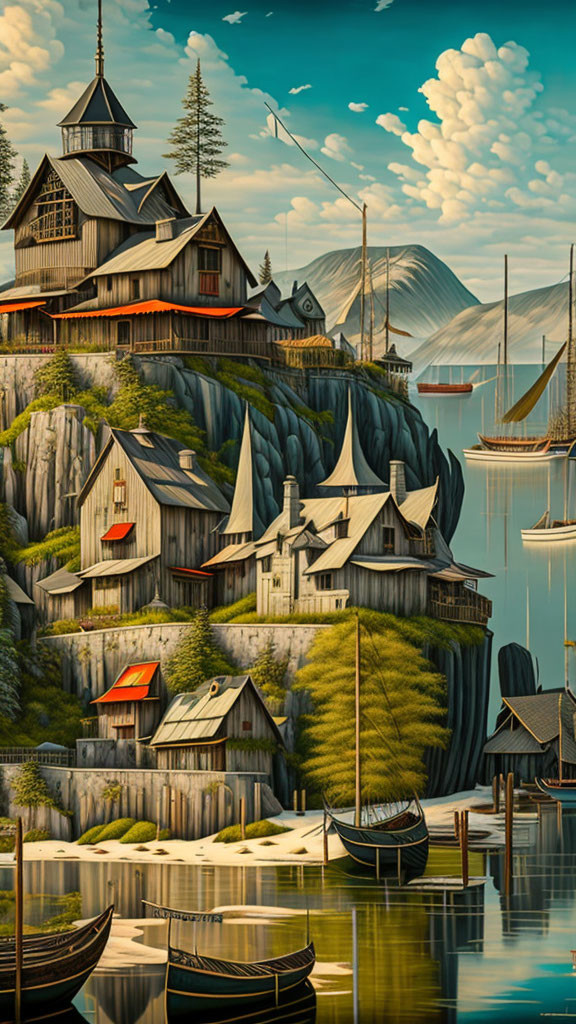 Coastal village with wooden houses on cliff, boats, and mountains.