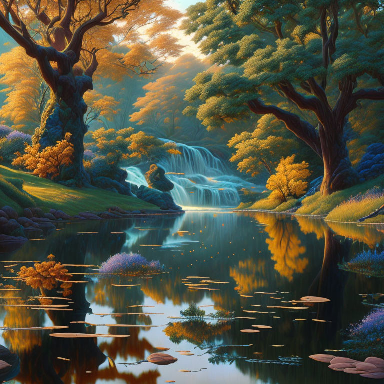 Tranquil landscape with waterfall, amber trees, calm river, lily pads, and vibrant flora