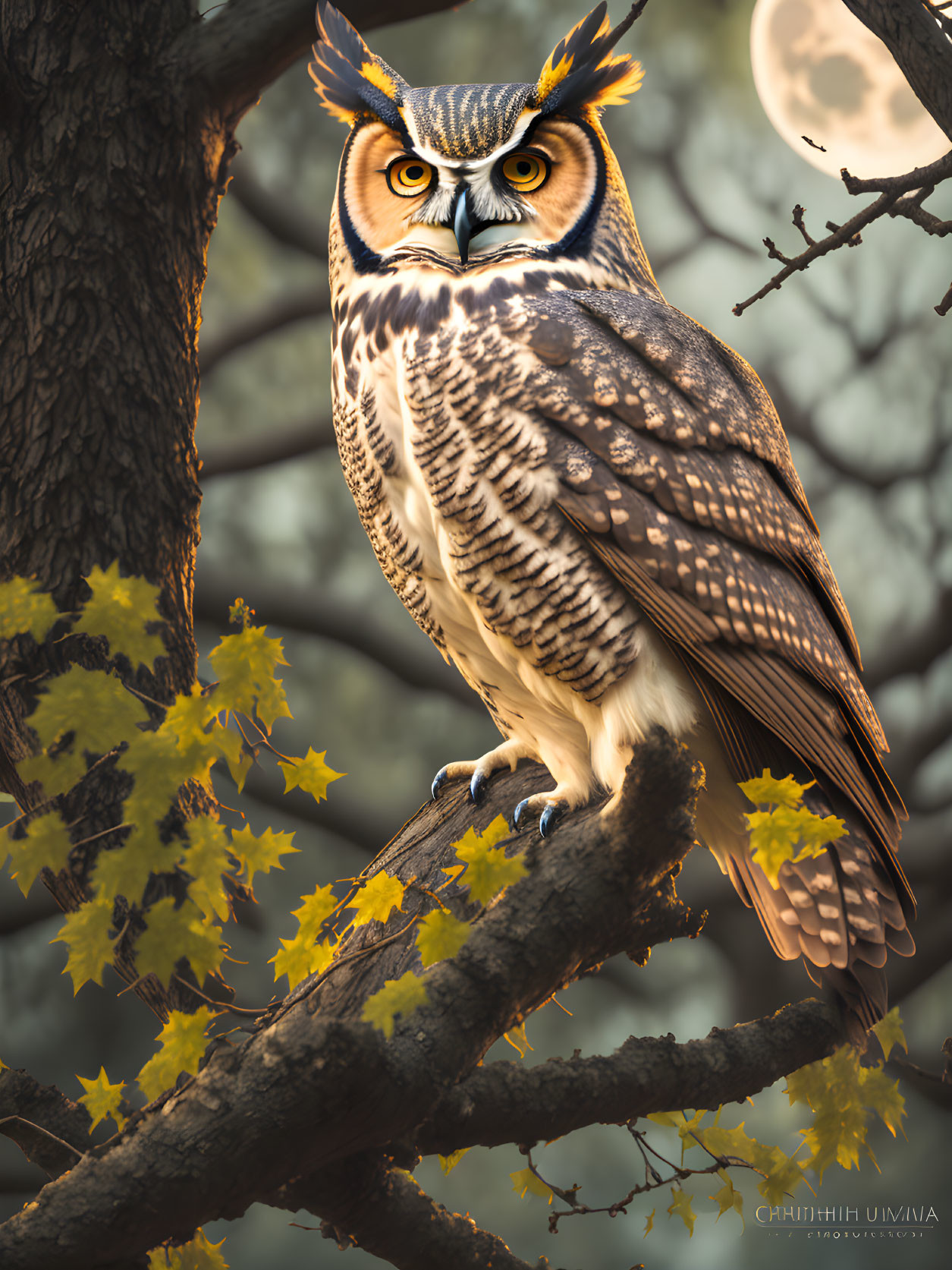 Owl perched on branch with yellow leaves under full moon