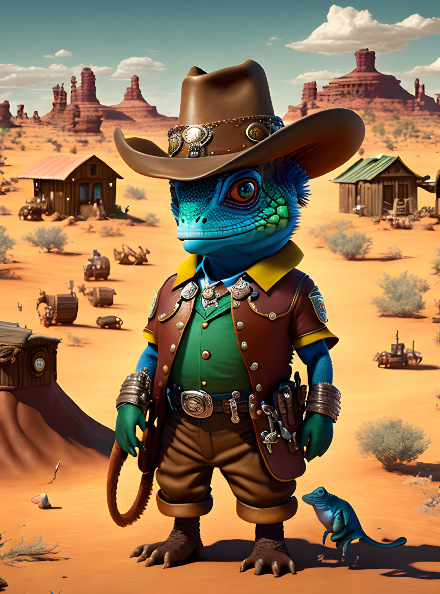 Blue lizard in Western sheriff outfit with tiny companion in desert landscape