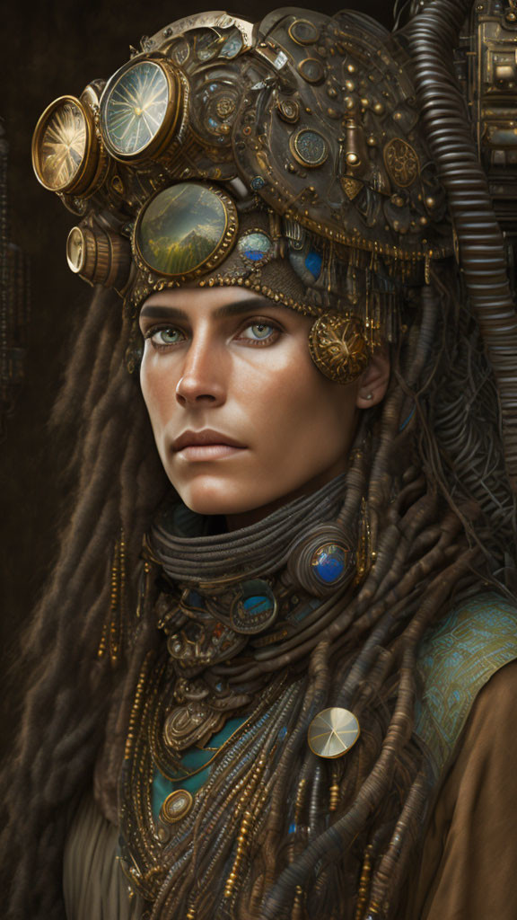 Steampunk-themed woman with gear-adorned headgear and braided metallic hair