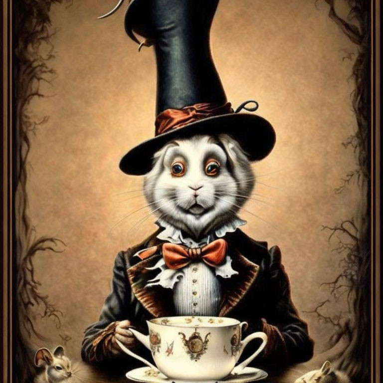 Anthropomorphic rabbit in suit and top hat at whimsical tea party