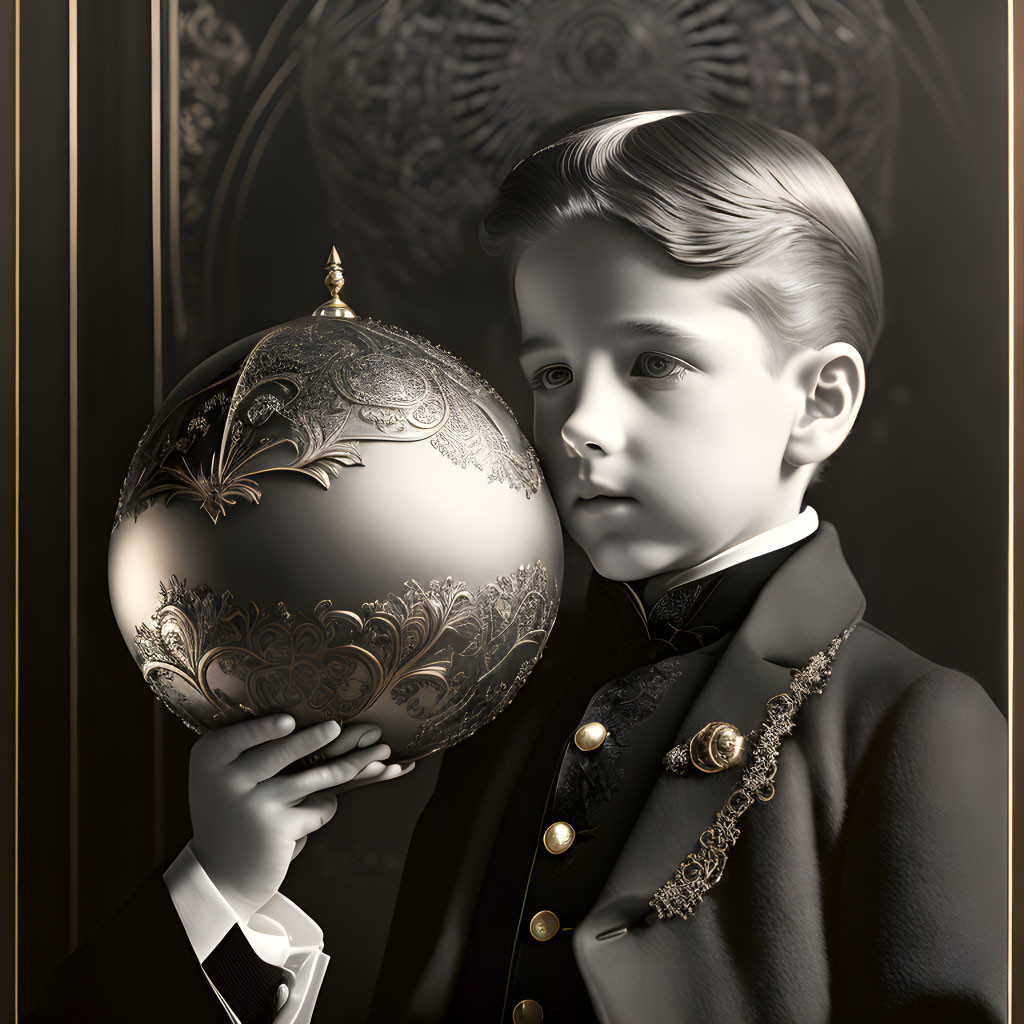 Monochromatic image of young boy with ornate sphere