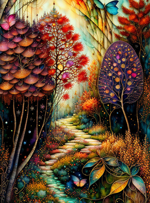 Colorful, patterned trees in vibrant forest with luminescent path and butterflies under otherworldly