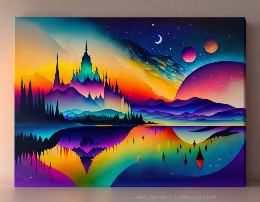 Colorful Landscape Painting with Mountains, Castle, Water Reflections & Starry Sky