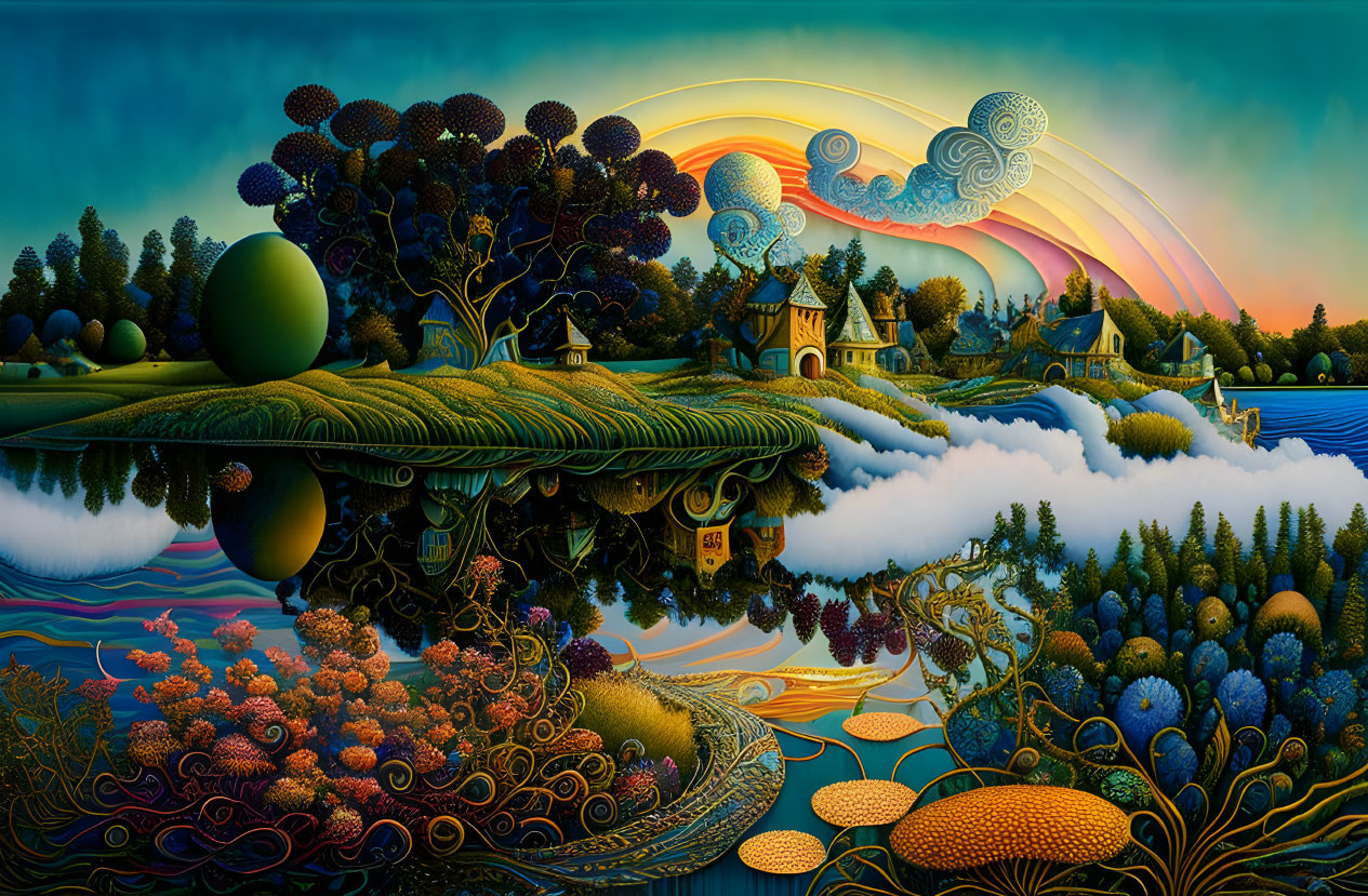 Vibrant surreal landscape with floating islands and whimsical trees